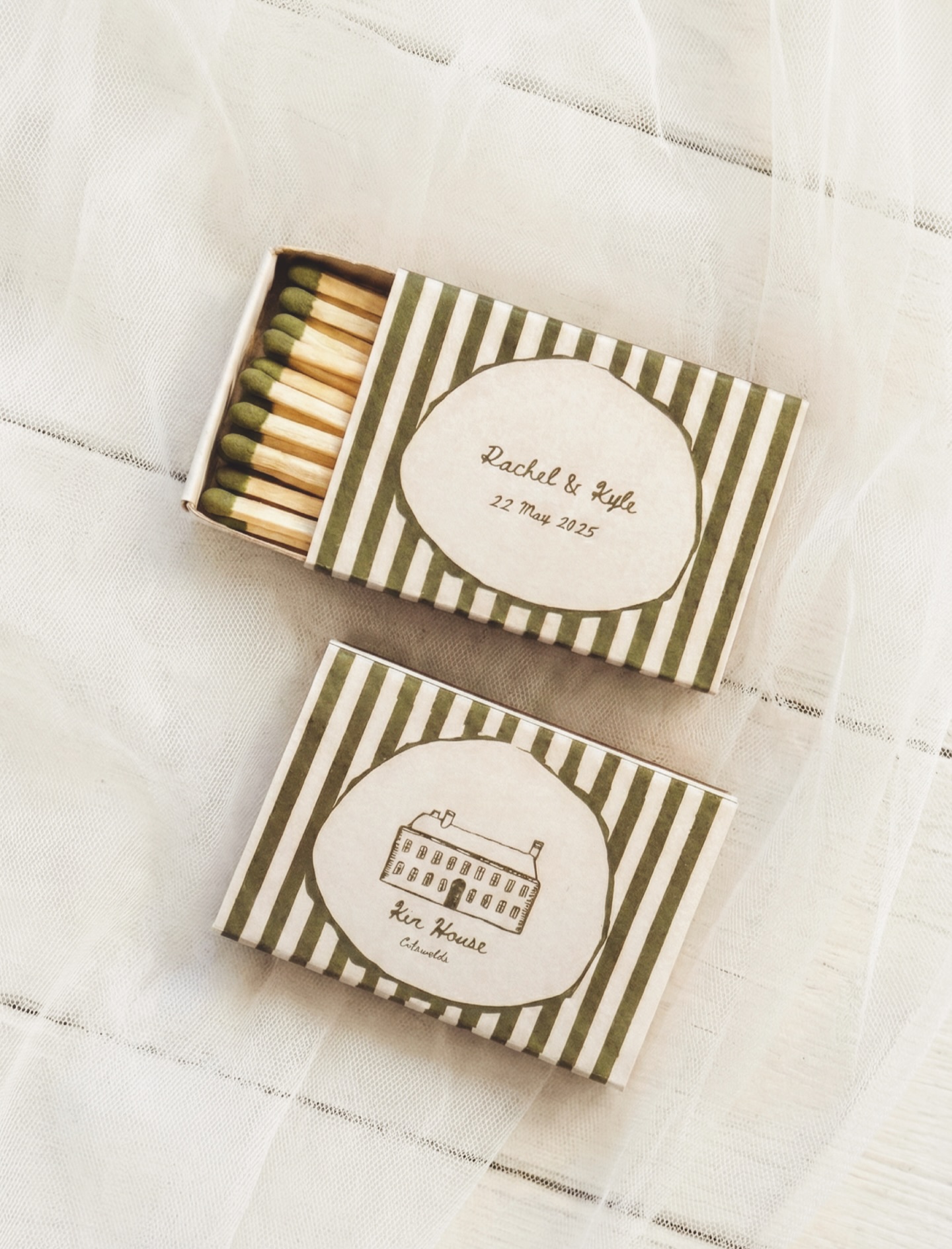 Olive striped matchboxes with illustrated labels