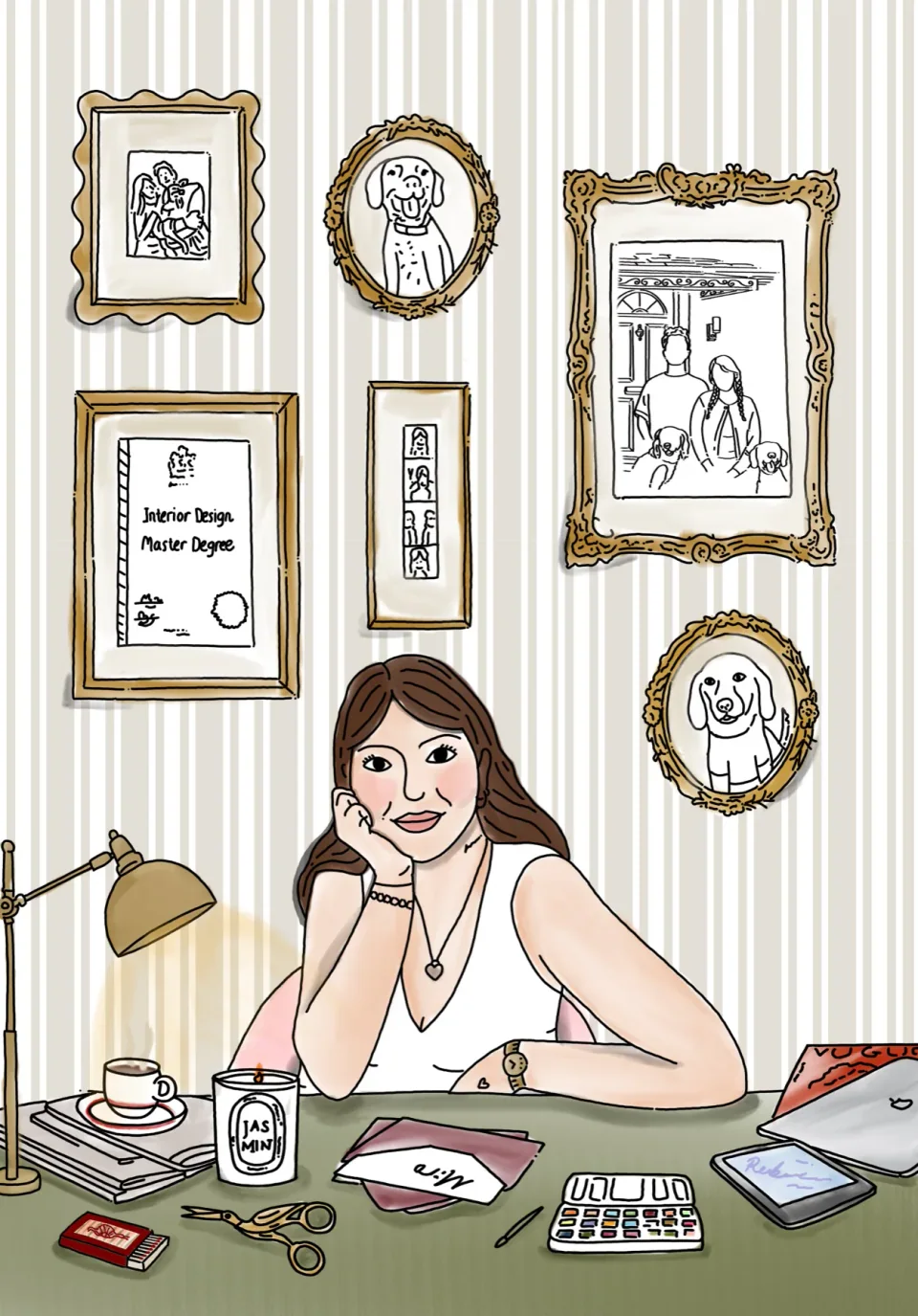 An illustrated portrait of The Laldie founder at her studio desk