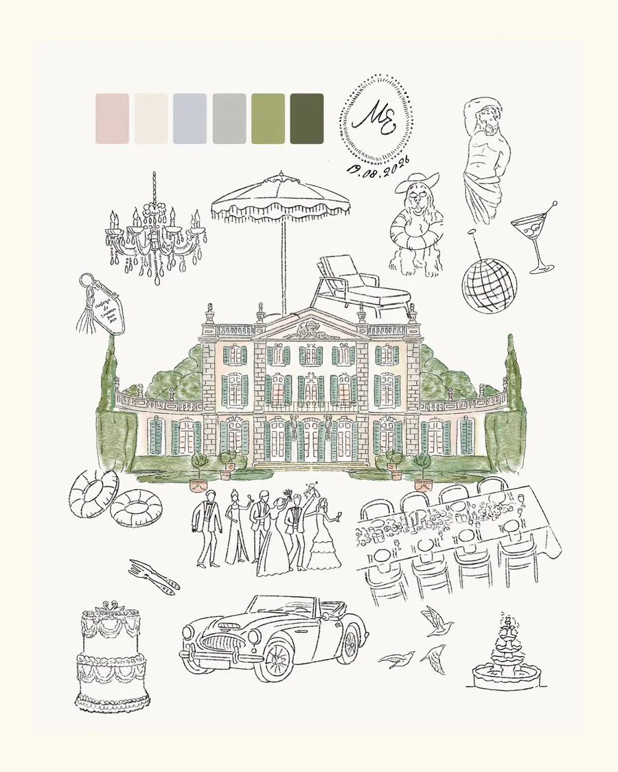 An illustrated wedding world drawn around a French château