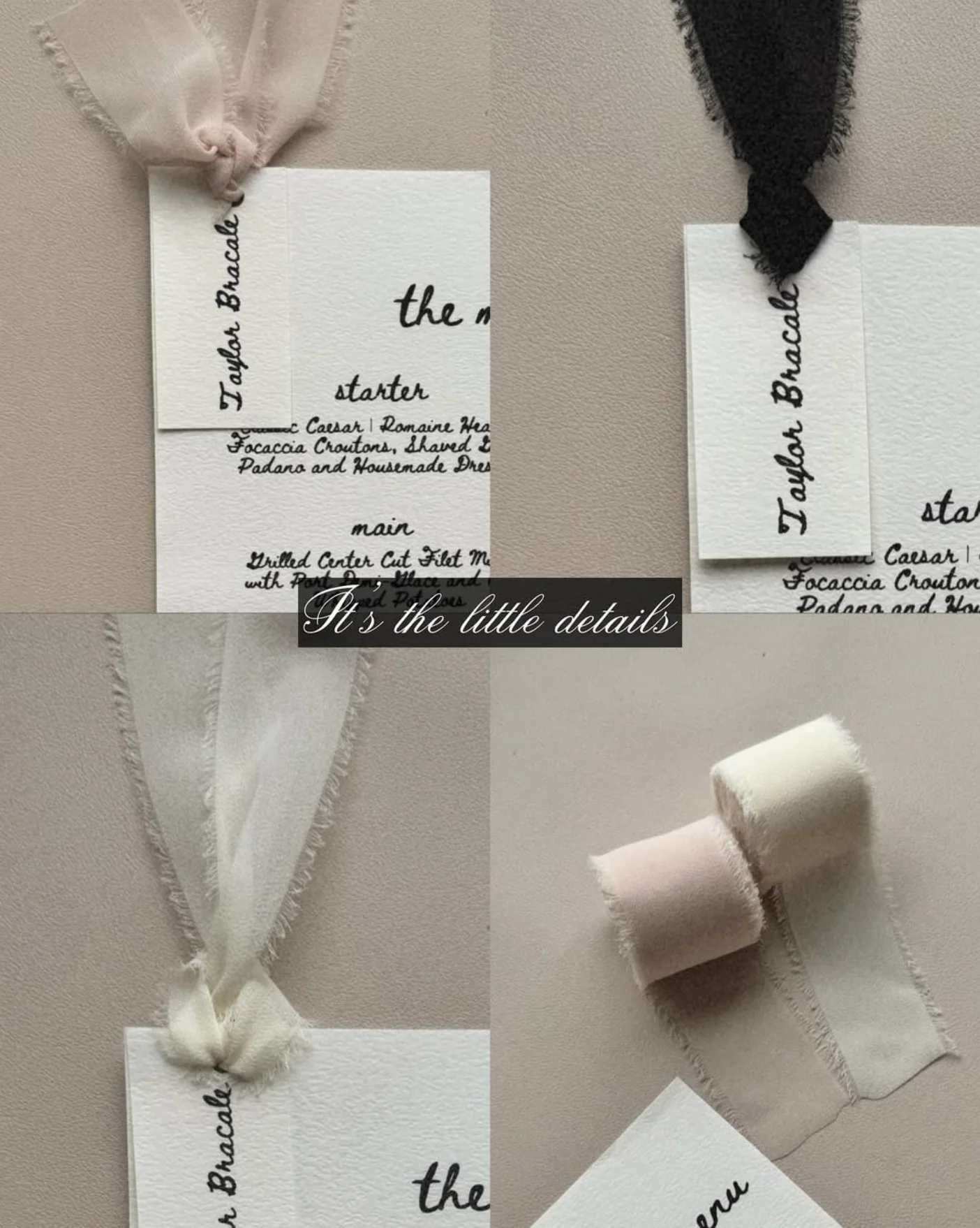 Illustrated menus tied with silk ribbon
